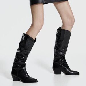 Zara Snakeskin Embossed Leather Tall Cowboy Boots 36